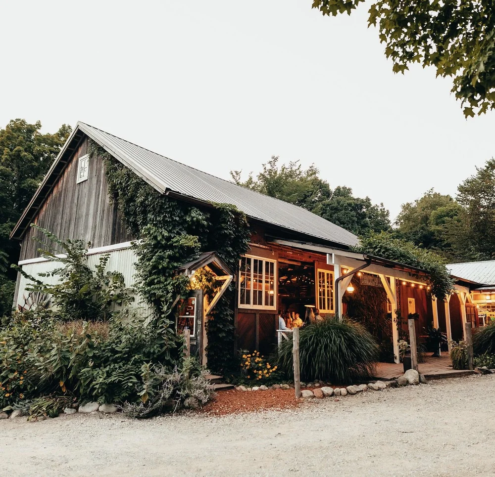 Outdoor ceremony surrounded by tall trees at MillCreek Wilde in Southwest Michigan.