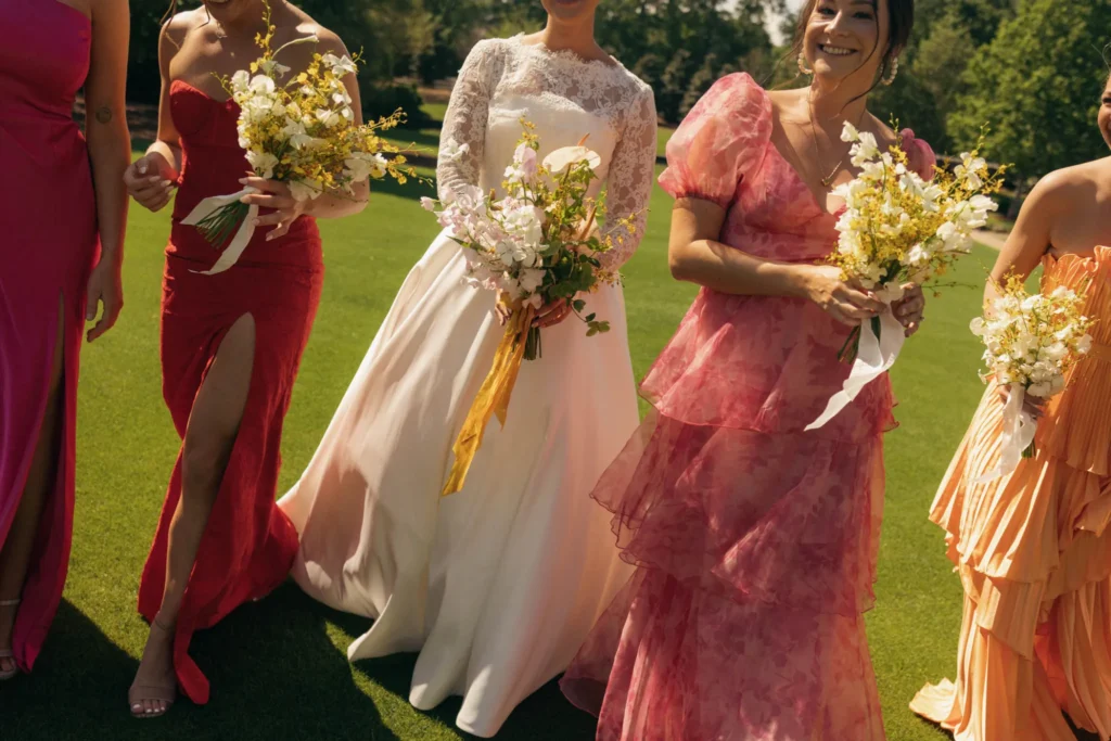 Bride and bridesmaids walking together outdoors holding bouquets and wearing colorful dresses during a wedding celebration.