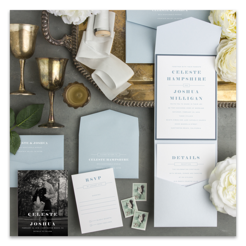 Wedding stationery suite with invitation, RSVP, and details card featured in a West Michigan wedding planning timeline blog post