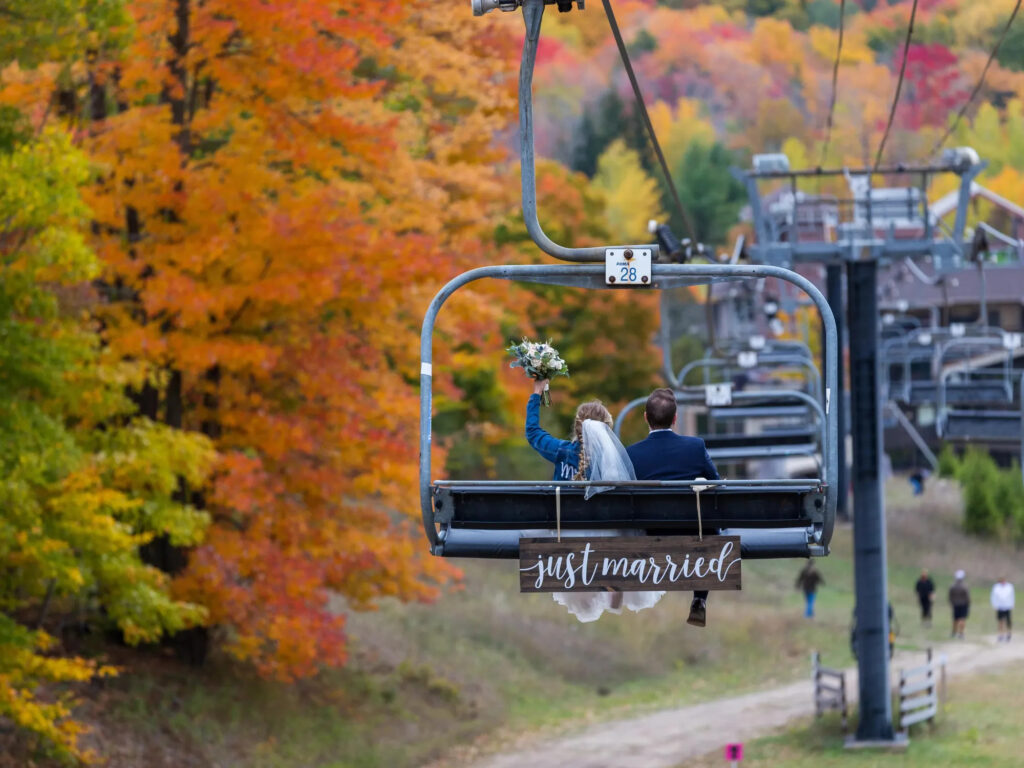 Fall Wedding in West Michigan on a Ski Lift
